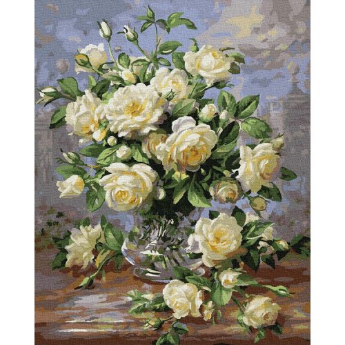 Fehér rózsa csokor - számfestő keretre feszítve (40x50cm)