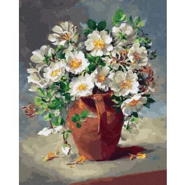   Fehér virágok kancsóban - számfestő keretre feszítve (40x50cm)