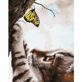 Cica és pillangó - számfestő keretre feszítve (40x50cm)