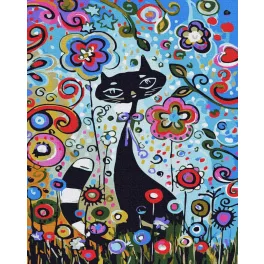   Cica virágok között - számfestő keretre feszítve (40x50cm)