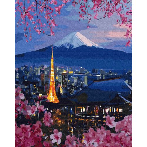Cseresznyevirágzás a Fuji lábánál - számfestő keretre feszítve (40x50cm)