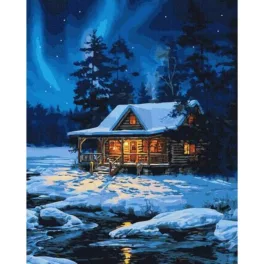   Faház a téli éjszakában - számfestő keretre feszítve (40x50cm)