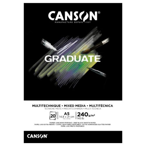 CANSON Graduate MIX MEDIA tömb (fekete), ragasztott, 240g/m2, 20 lap, A5