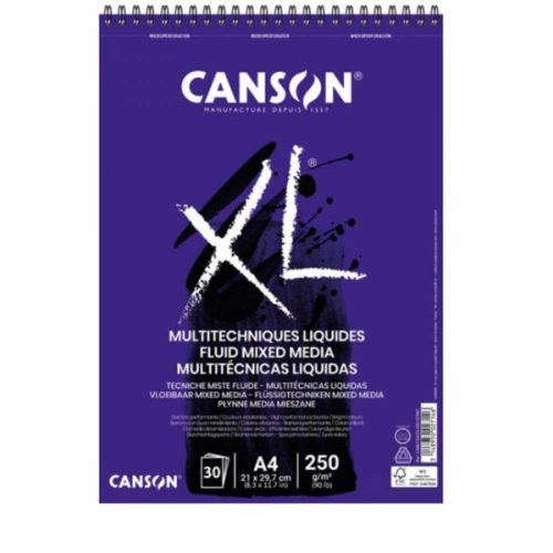 CANSON "XL" Fluid Mix Media tömb, folyékony médiumokhoz, röv. old. spirálkötött, mikroperforált 250g/m2 30 ív A4 