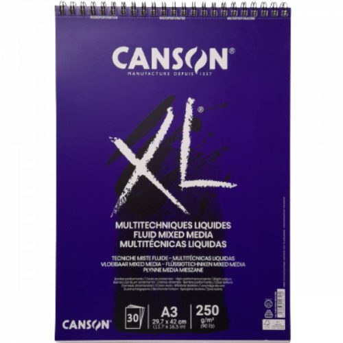 CANSON "XL" Fluid Mix Media tömb, folyékony médiumokhoz, röv. old. spirálkötött, mikroperforált 250g/m2 30 ív A3