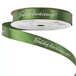   "Boldog Karácsonyt!" szatén szalag, sötétzöld 12mmx20m