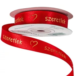   "Szeretlek" arany feliratos, szívecskés szatén szalag, piros 16mmx20m
