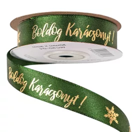   "Boldog Karácsonyt!" arany felirattal szatén szalag, sötétzöld 20mmx20m