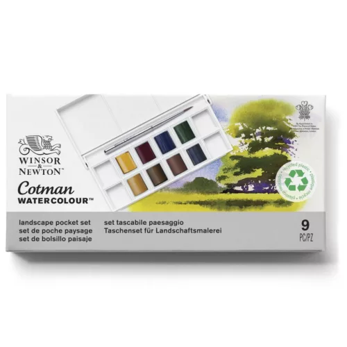 Winsor&Newton Cotman Pocket Set akvarellfesték készlet, 8x1/2 szilke + ecset - Landscape