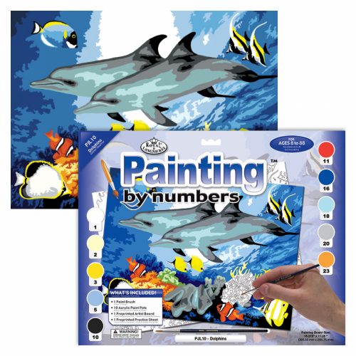 Kifestő készlet akrilfestékkel, ecsettel, gyerekeknek 11 éves kortól - 30x40 cm - Delfinek