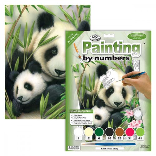 Kifestő készlet számokkal, ecsettel, gyerekeknek 8 éves kortól - 20x25 cm - Pandák (PJS39)