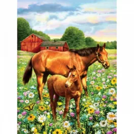   Kifestő készlet akrilfestékkel, ecsettel, gyerekeknek 8 éves kortól - 20x25 cm - Lovak a réten 
