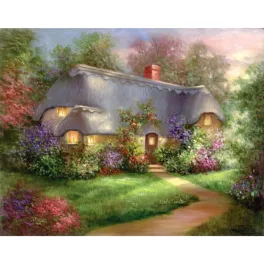  Kifestő készlet vászonra, akrilfestékkel, ecsettel, felnőtteknek - 28x36 cm - Erdei házikó